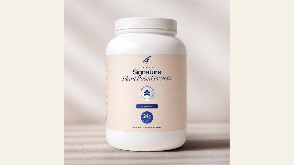 A tub of Griffy's Signature Plant Based Protein, Vanilla